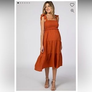 Pink Blush Boutique Rust Bow Strap Tiered Maternity Midi Dress